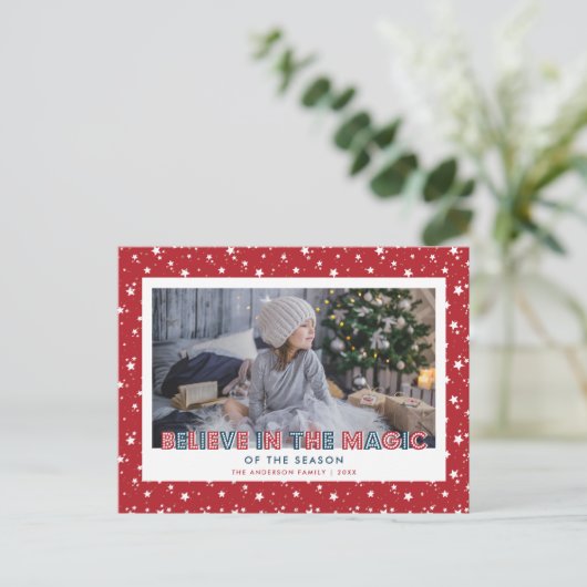 Red Snow Stars Geloof foto Feestdagenkaart (Staand voorkant)