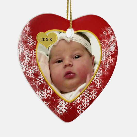 Red Snowflake Baby's eerste kerstfoto Keepasje Keramisch Ornament (Rechts)