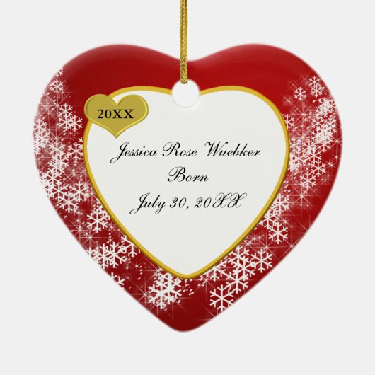 Red Snowflake Baby's eerste kerstfoto Keepasje Keramisch Ornament (Achterkant)