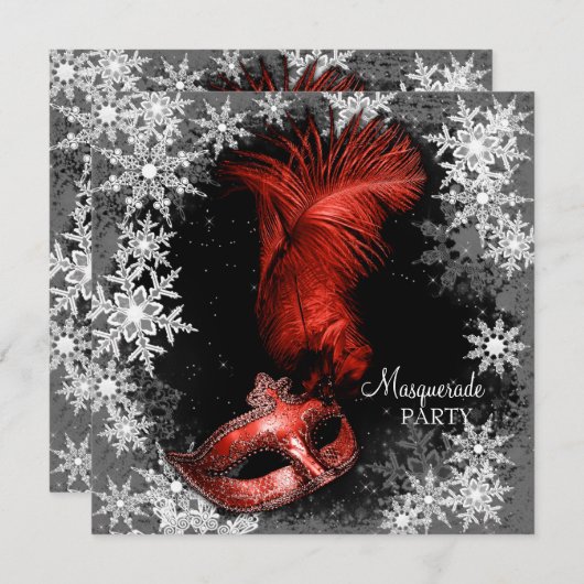 Red Snowflake Masquerade Party Kaart (Voorkant / Achterkant)