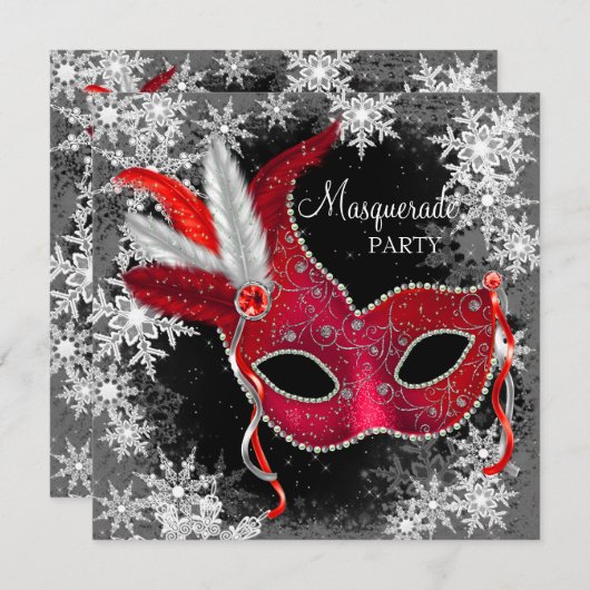 Red Snowflake Masquerade Party Kaart (Voorkant / Achterkant)