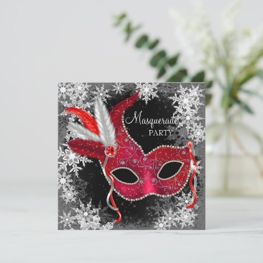 Red Snowflake Masquerade Party Kaart (Staand voorkant)