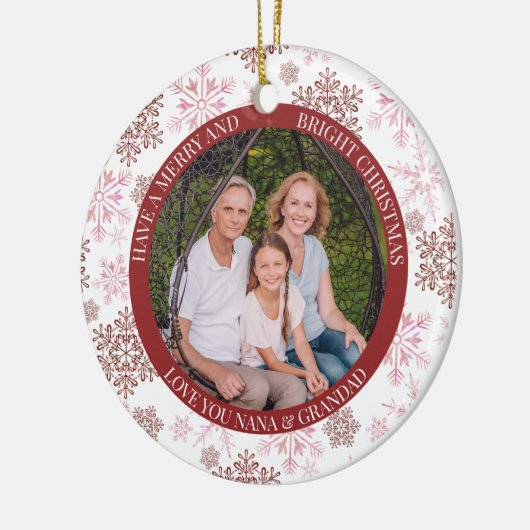 Red Snowflake Merry Bright en kerstfoto Keramisch Ornament (Links)