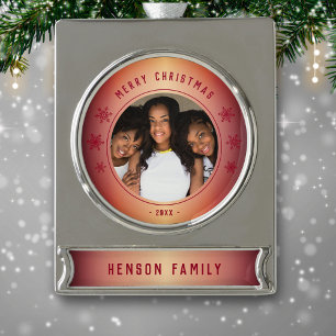 Red Snowflake Metallic Familie Foto Kerstmis Verzilverd Banner Ornament