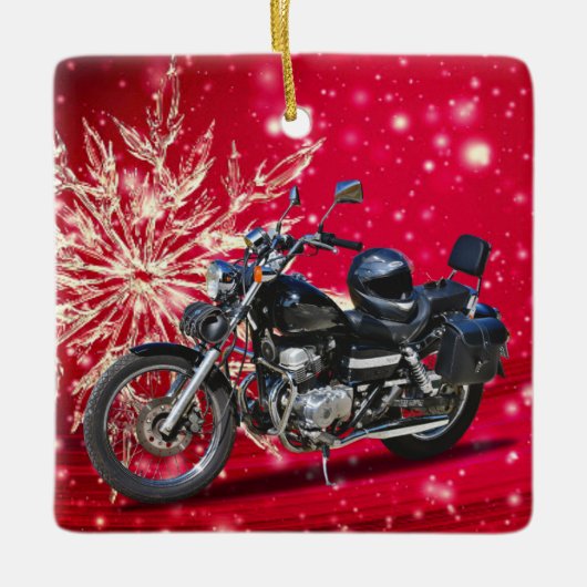Red Snowflake-motorfiets en kerst met kerstmis Keramisch Ornament (Voorkant)