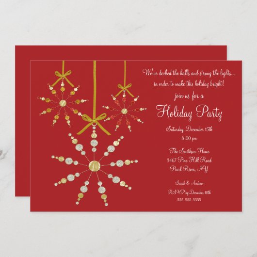 Red Snowflake Ornament kerstfeest Uitnodiging (Voorkant / Achterkant)