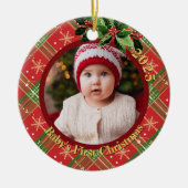 Red Snowflake Plaid | Baby's First Christmas Photo Keramisch Ornament (Voorkant)