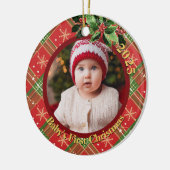 Red Snowflake Plaid | Baby's First Christmas Photo Keramisch Ornament (Links)