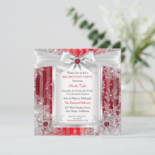 Red Snowflake Silver Bow Winter Wonderland Kaart (Staand voorkant)