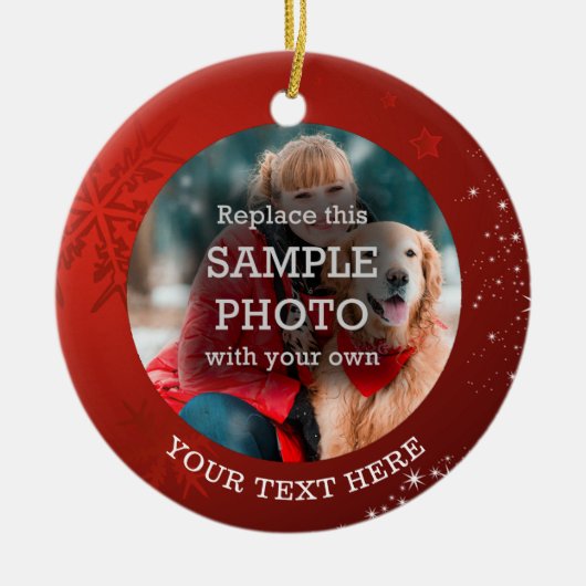 Red Snowflake Stars 2 Foto aangepaste tekst Keramisch Ornament (Voorkant)