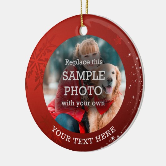 Red Snowflake Stars 2 Foto aangepaste tekst Keramisch Ornament (Links)