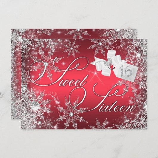 Red Snowflake Sweet 16 Uitnodiging (Voorkant / Achterkant)