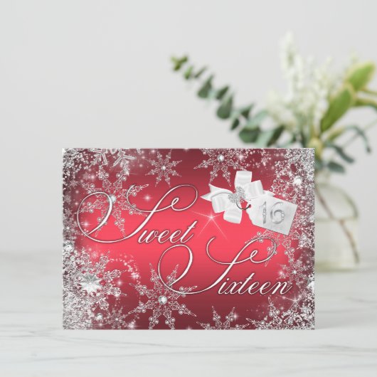 Red Snowflake Sweet 16 Uitnodiging (Staand voorkant)