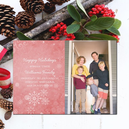Red Snowflake Swirls Holiday Photo Flat Kaart