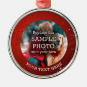 Red Snowflake White Stars Foto aangepaste tekst Metalen Ornament (Voorkant)