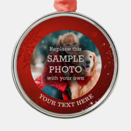 Red Snowflake White Stars Foto aangepaste tekst Metalen Ornament