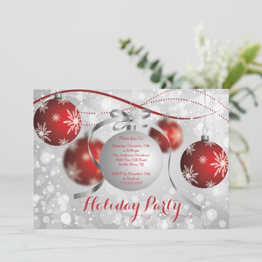 Red Snowflakes Bokeh Holiday Party Uitnodiging (Staand voorkant)