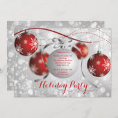 Red Snowflakes Bokeh Holiday Party Uitnodiging (Voorkant / Achterkant)