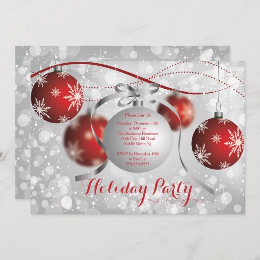 Red Snowflakes Bokeh Holiday Party Uitnodiging (Voorkant / Achterkant)