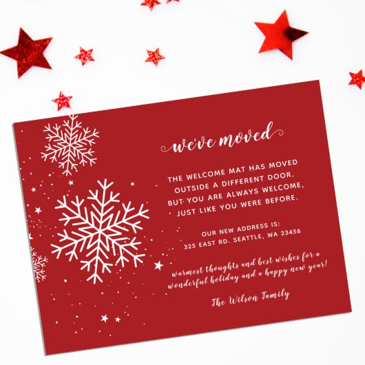 Red Snowflakes Flurries Holiday Moving Briefkaart