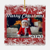 Red Snowflakes kerstfoto 2 Sides Modern Keramisch Ornament (Achterkant)