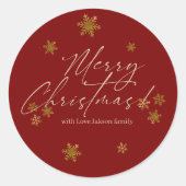 Red Snowflakes Merry Christmas Ronde Sticker (Voorkant)