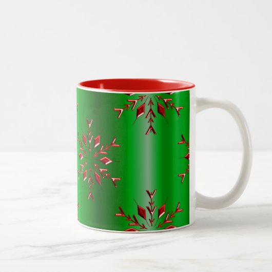 Red Snowflakes op groene kerst Tweekleurige Koffiemok (Rechts)