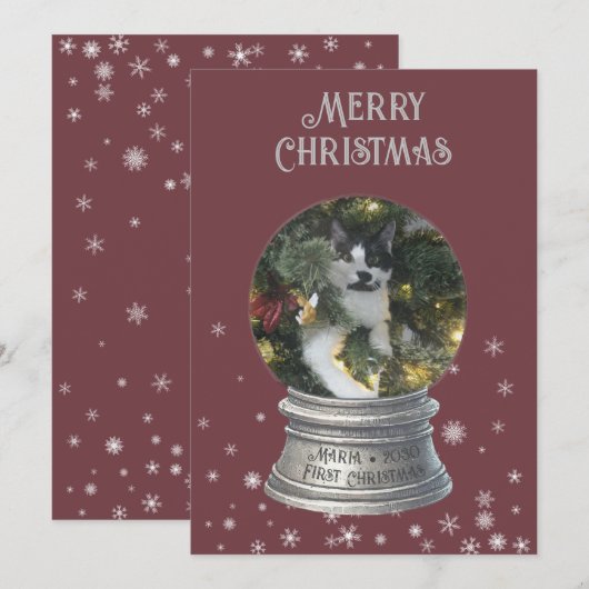 Red Snowglobe Snowflake Foto Flat Holiday Kaart (Voorkant / Achterkant)