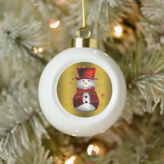 Red Snowman op Gold Kerstmis Keramische Bal Ornament (Boom)