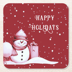 Red Snowman Snowy Christmas Holiday Paper Onderzet Kartonnen Onderzetters