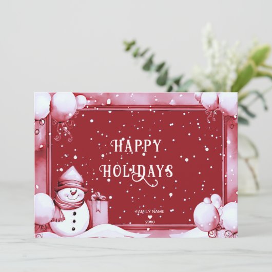 Red Snowman Snowy Vakantie Kerstmis Kaart (Staand voorkant)