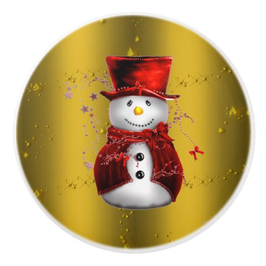 Red Snowmen op Gold Keramische Knop (Voorkant)