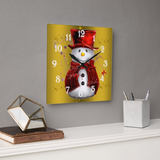 Red Snowmen op Gold Vierkante Klok (Kantoor)