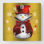 Red Snowmen op Gold Vierkante Klok (Voorkant)