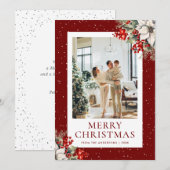 Red Snowy Botanical Photo Christmas Card Feestdagenkaart (Voorkant / Achterkant)