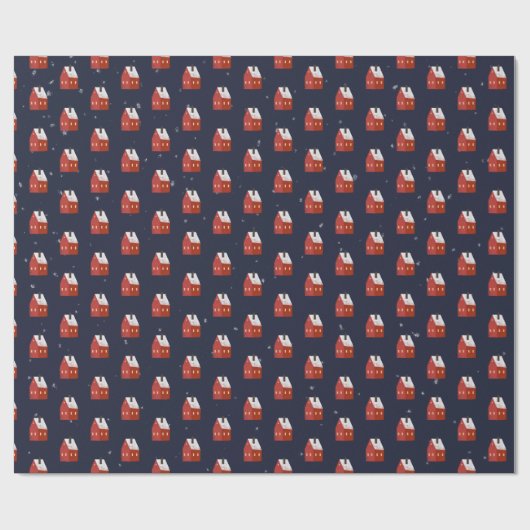 Red Snowy Cottage Pattern Blue Cadeaupapier (Vlak)