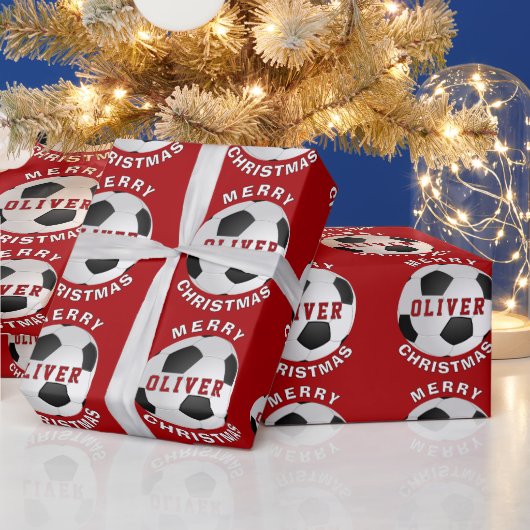 Red Soccer Football Balls Kinder naam kerst Cadeaupapier (Feestdagen)