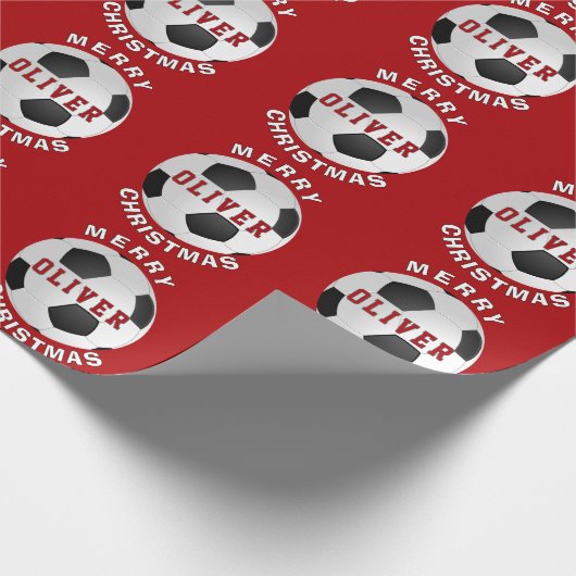 Red Soccer Football Balls Kinder naam kerst Cadeaupapier (Hoek)