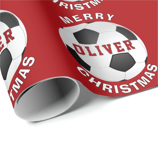 Red Soccer Football Balls Kinder naam kerst Cadeaupapier (Rol Hoek)