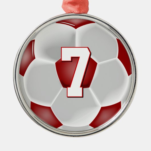 Red Soccer Player Custom Jersey Number Kerstmis Metalen Ornament (Voorkant)