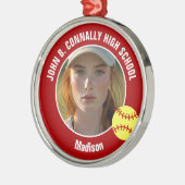 Red Softball Player Photo High School Christmas Metalen Ornament (Links)