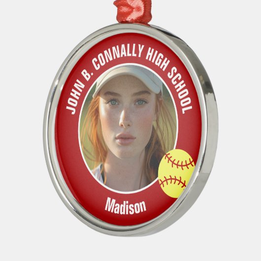 Red Softball Player Photo High School Christmas Metalen Ornament (Links)