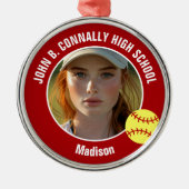 Red Softball Player Photo High School Christmas Metalen Ornament (Voorkant)