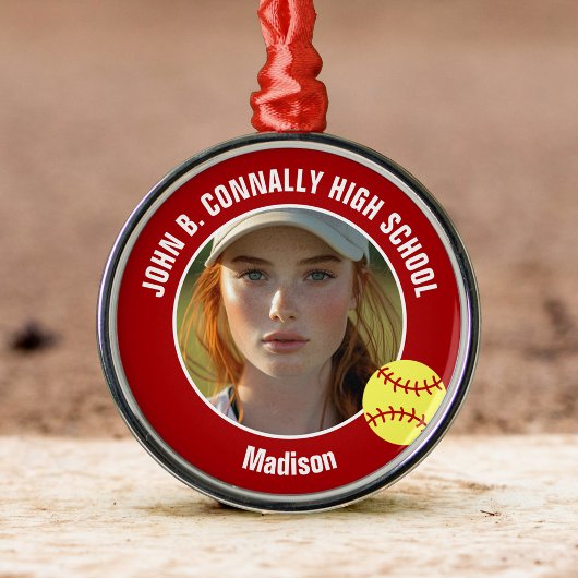Red Softball Player Photo High School Christmas Metalen Ornament