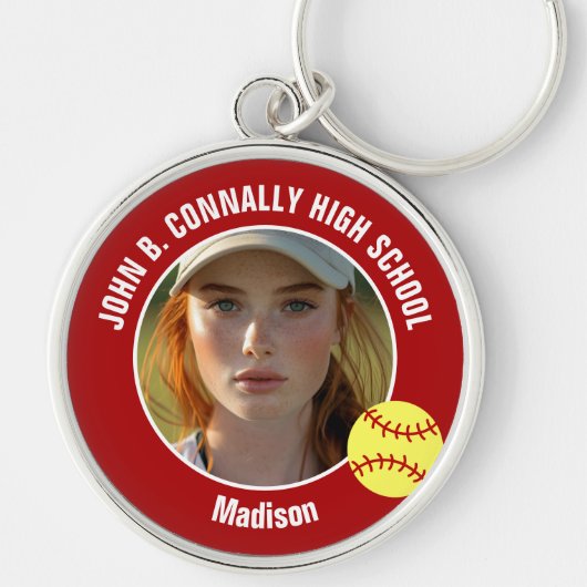 Red Softball Player Photo High School Keepsake Sleutelhanger (Voorkant)