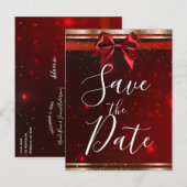 Red Sparkle Chic Bow Elegant Holiday Save the Date Aankondigingskaart (Voorkant / Achterkant)
