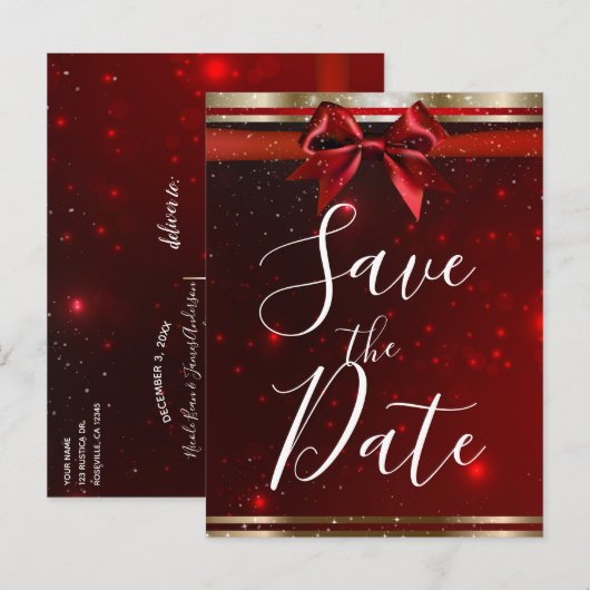 Red Sparkle Chic Bow Elegant Holiday Save the Date Aankondigingskaart (Voorkant / Achterkant)