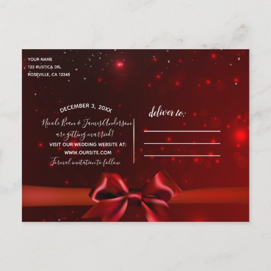 Red Sparkle Chic Bow Elegant Holiday Save the Date Aankondigingskaart (Achterkant)