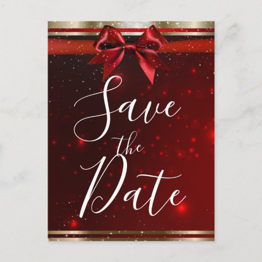 Red Sparkle Chic Bow Elegant Holiday Save the Date Aankondigingskaart (Voorkant)