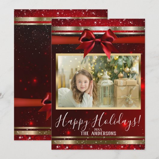 Red Sparkle Chic Bow Glam Holiday Feestdagenkaart (Voorkant / Achterkant)